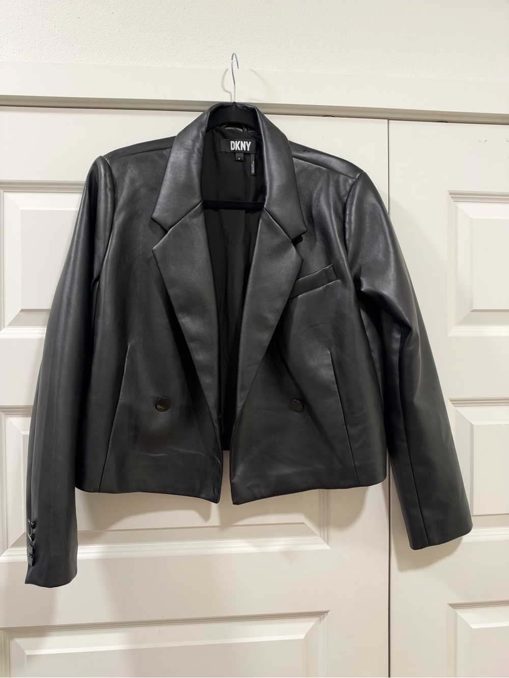 DKNY Black Faux Leather Cropped Blazer Jacket